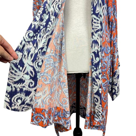 BCBGMaxazria | Tildie XS/S Blue Orange Ikat Print Oversized Open Kimono Cardigan - Picture 7 of 12